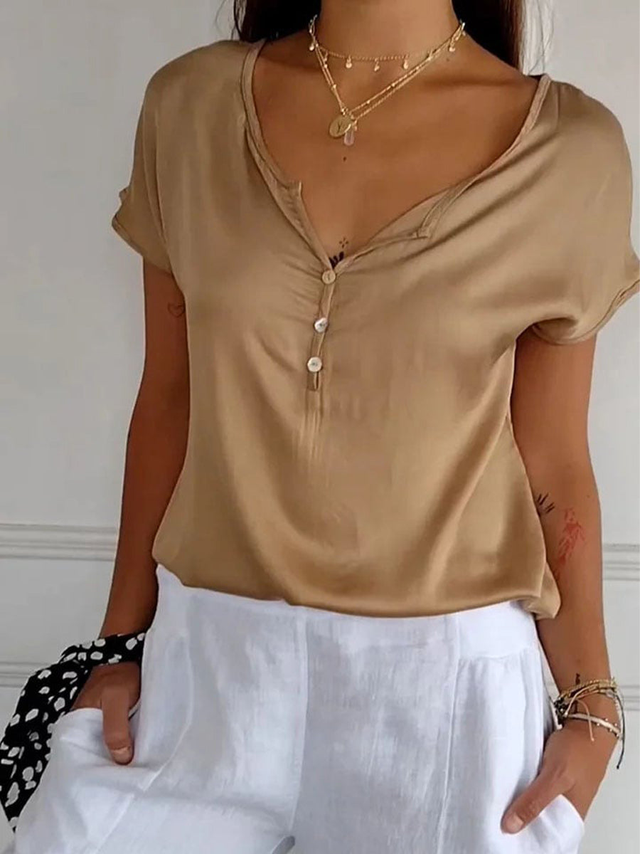 T-shirt uni à manches courtes et col en V boutonné