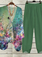 Green V-Neck Long Sleeve Floral Print Two Piece Set