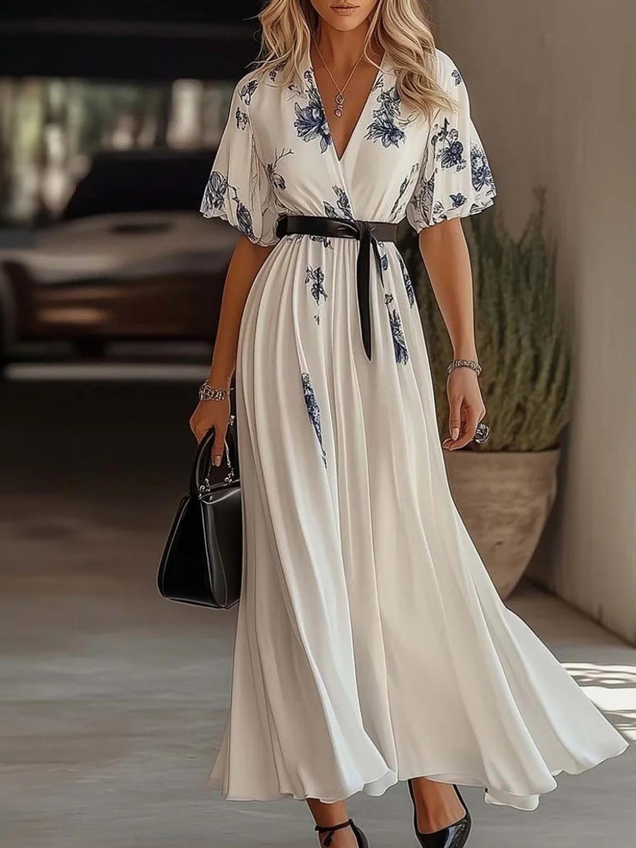 Robe maxi spéciale à col en V et manches courtes