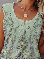 Green Floral Printed Round Neck Sleeveless Tank Top