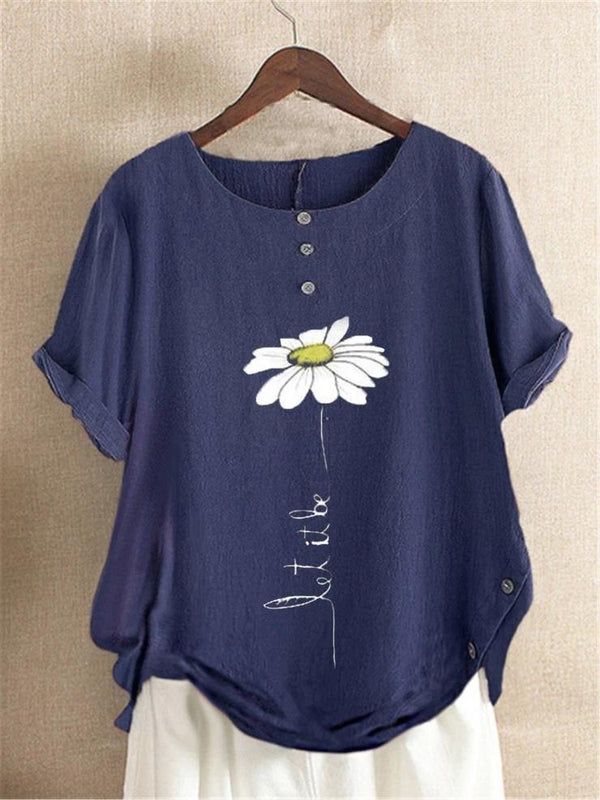 Casual Floral Print Cotton Short Sleeve Blouse