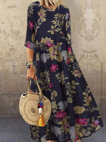 Navy Blue Casual Round Neck Floral Printed Half Sleeve Dress