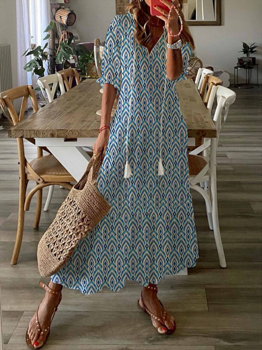 Geometric Half Sleeve V Neck Tassel Casual Maxi Dress