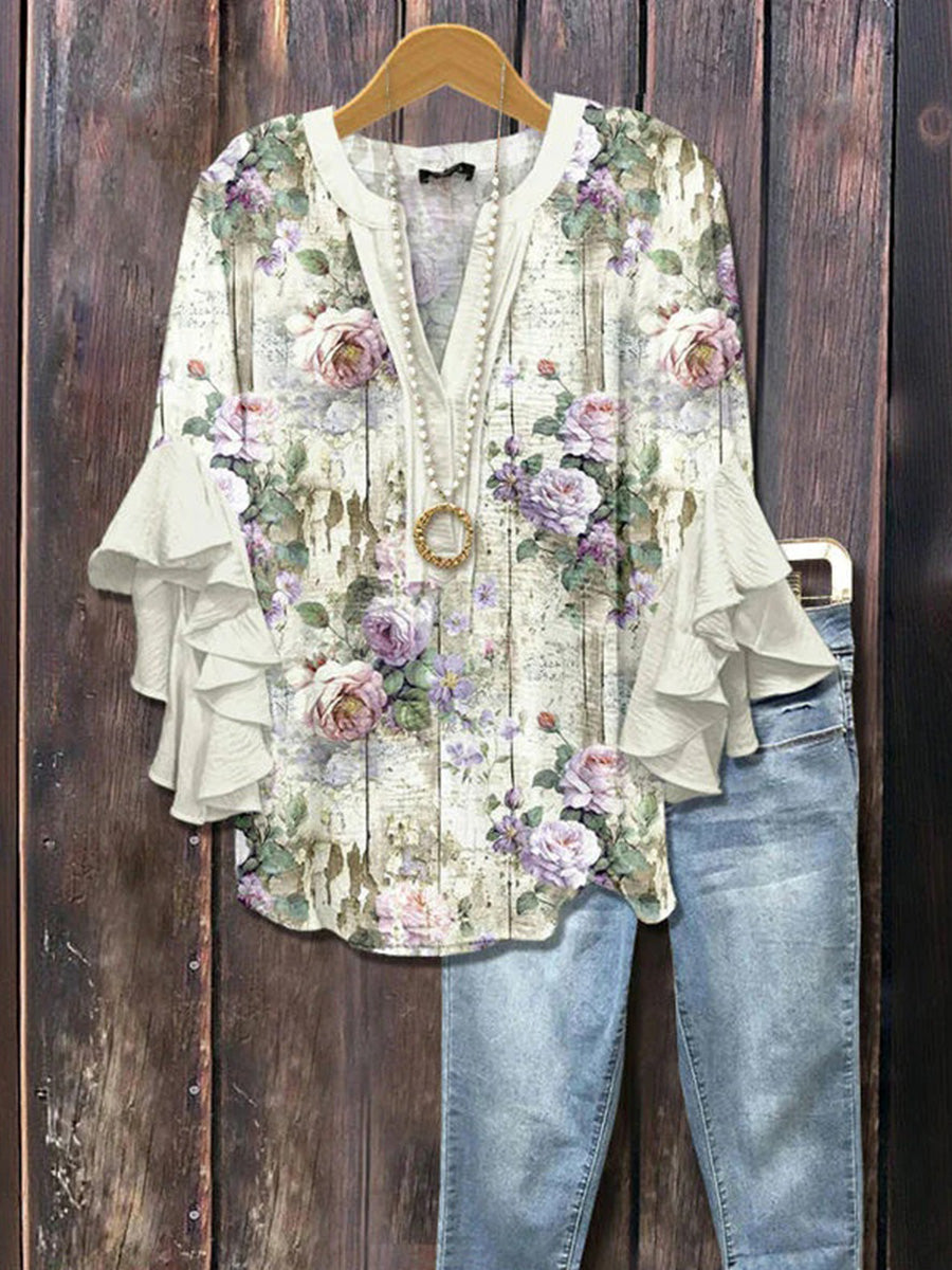Lässige Bluse mit Blumenmuster, V-Ausschnitt und halben Ärmeln