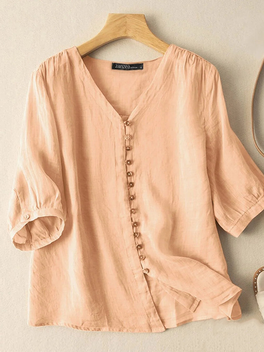 Chemise femme unie à col en V, boutons sur le devant, en coton, manches 3/4