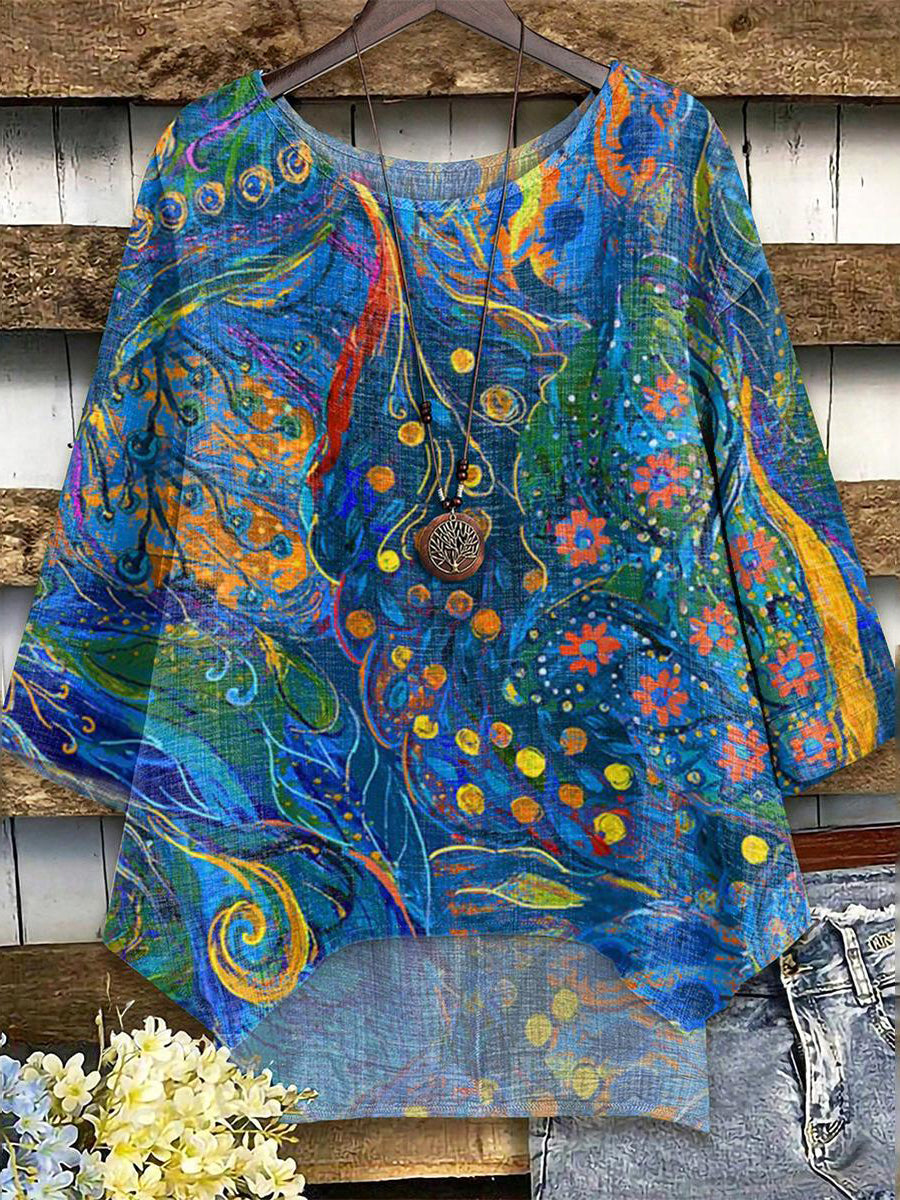 Blaues Top mit Rundhalsausschnitt und 3/4-Ärmeln