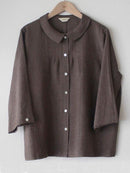 Round Neck Button-up Casual Long Sleeve White Blouse