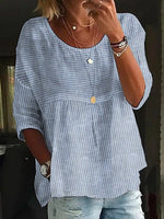 Cotton & Linen Casual Striped Crew Neck Shirt