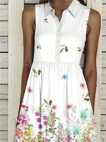 Women Sleeveless Lapel Floral Printed Graphic Button Pockets Maxi Dress