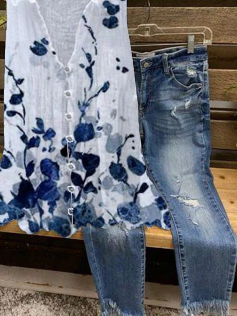Lässige, ärmellose Sommerbluse mit V-Ausschnitt und Blumenmuster, ärmellos