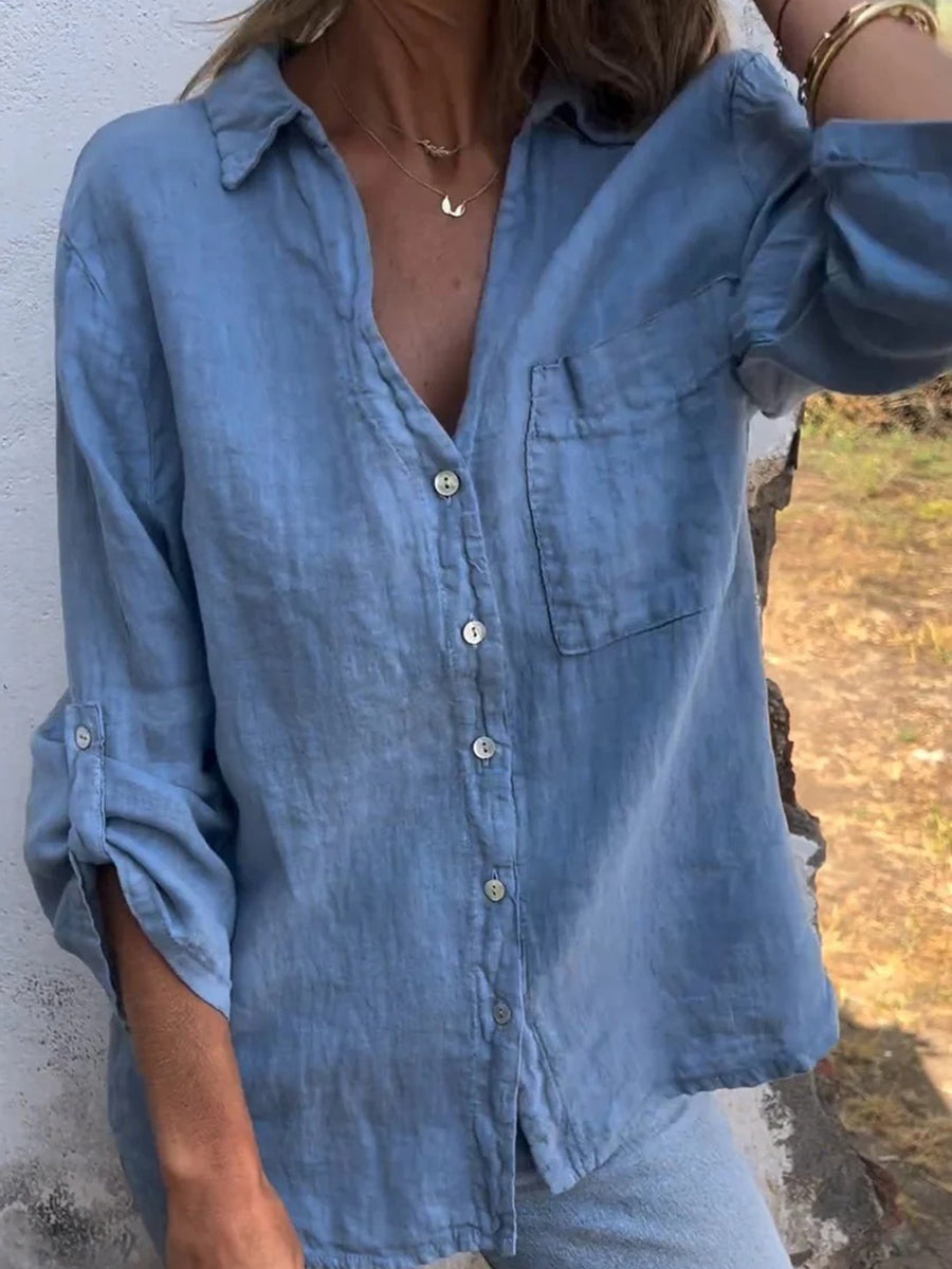 Cotton and Linen 3/4 Sleeve Solid Lapel Shirt