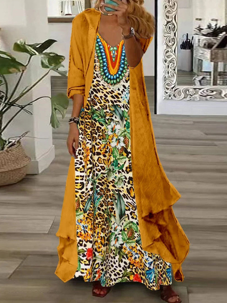 Robe longue deux pièces à manches longues et col en V pour femme, imprimée graphique