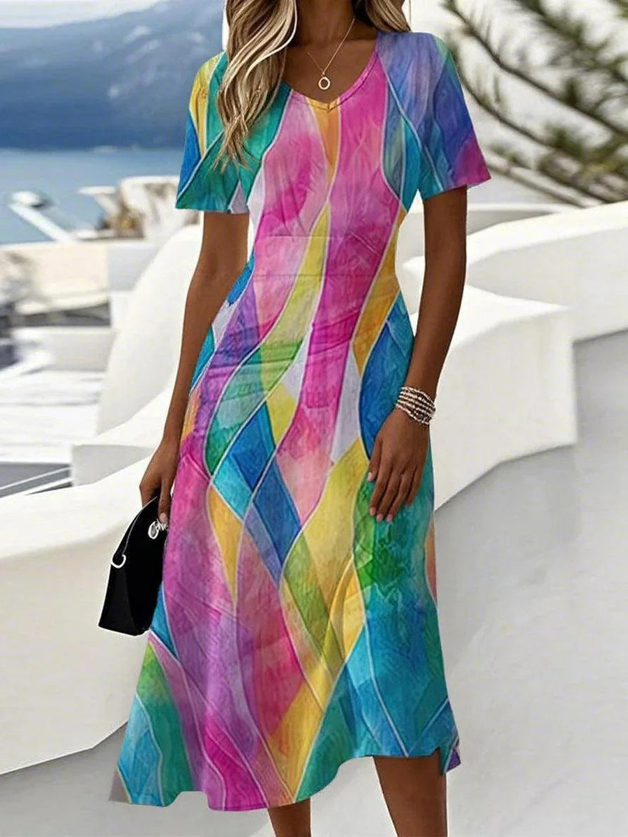 Special V-Neck Color Block Print Short Sleeve Midi Dress