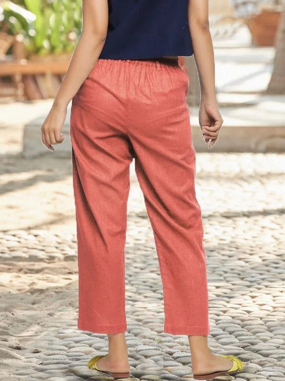 Elastic Waist Casual Brick Red Solid Cotton Linen Pants