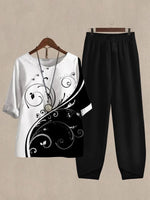 Ensemble deux pièces imprimé noir et blanc décontracté à col rond pour tous les jours