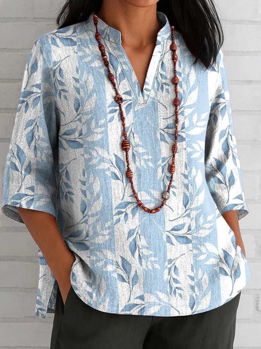 Haut à imprimé végétal unique, col en V, manches 3/4