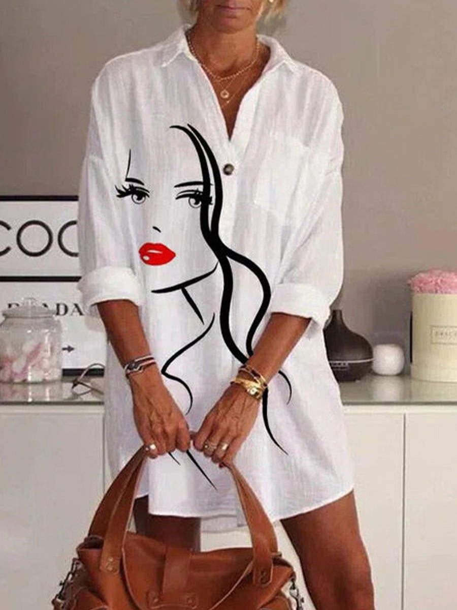 Face Print Lapel Casual Long Sleeve White Shirt Dress