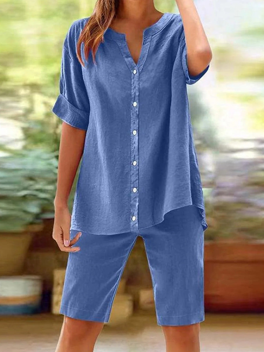Schickes blaues, schlichtes Kurzarm-Zweiteiler-Set