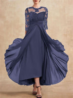 Chiffon-Spitzenkleid mit Rundhalsausschnitt, blau
