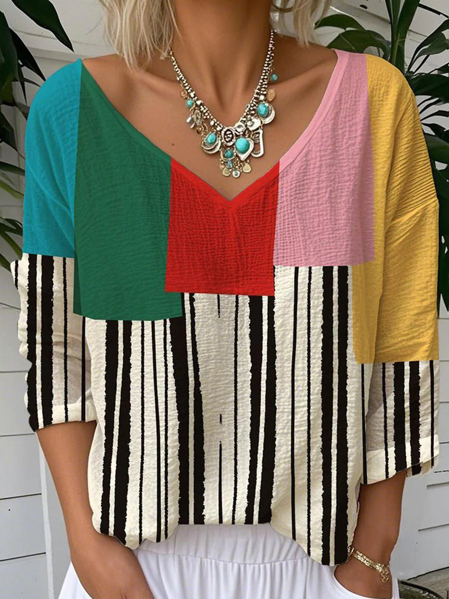 Haut à manches longues imprimé color block à col en V