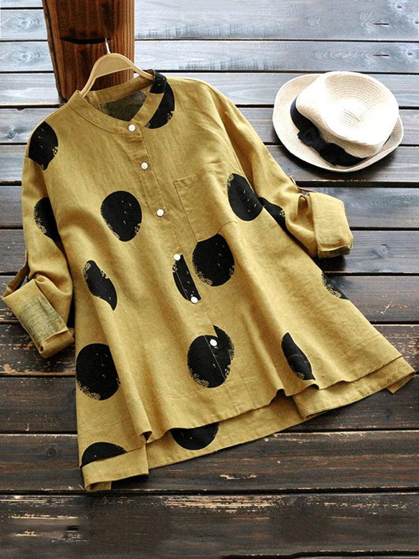 Casual Polka Dot Irregular Long Sleeve Stand Collar Blouse