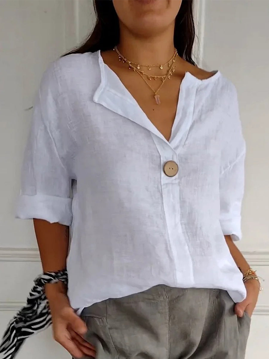 Haut uni à manches courtes, col en V et boutons