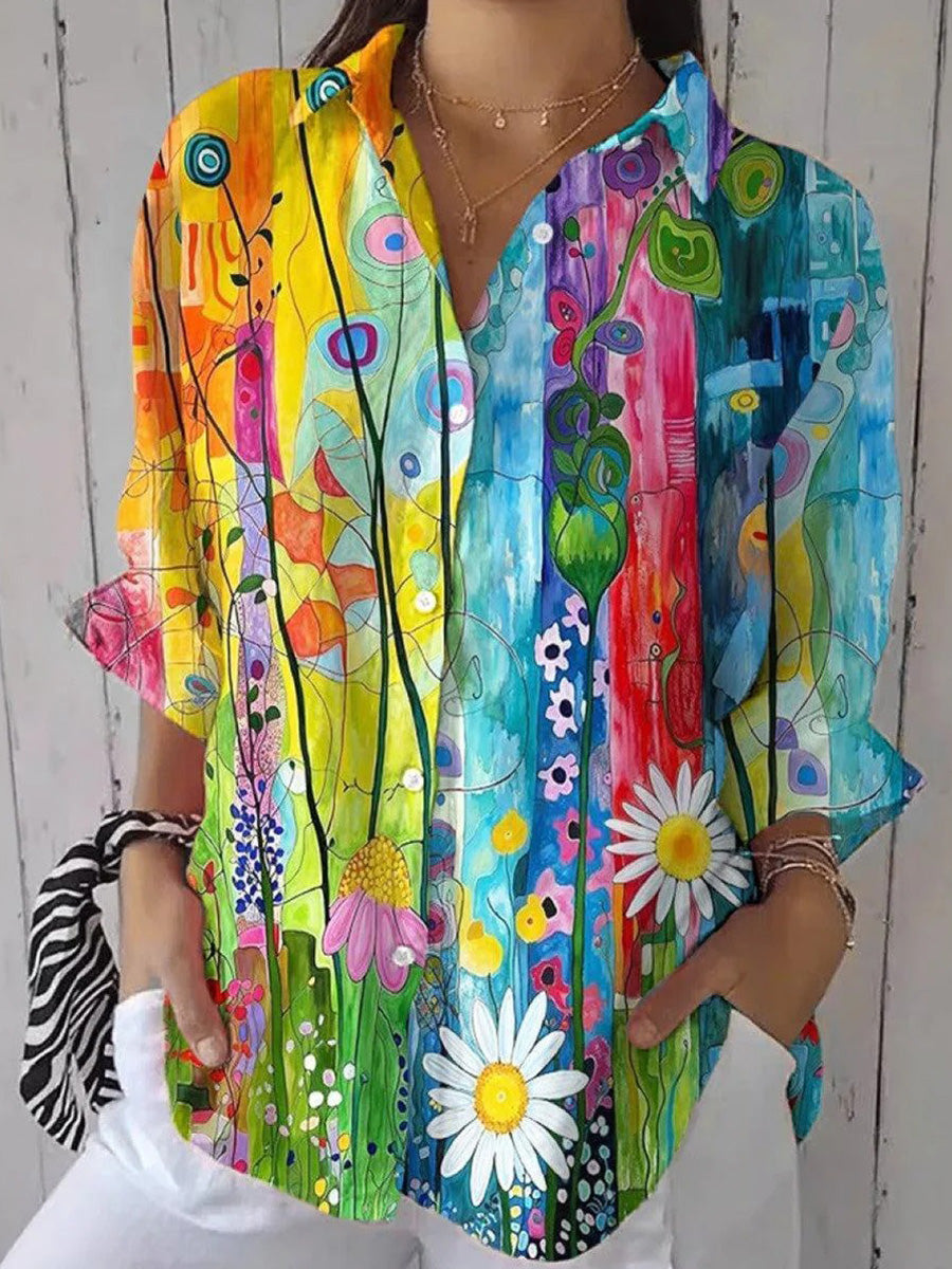 Chemise élégante à manches longues et à revers imprimé floral