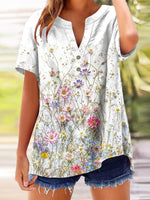 Schickes Kurzarmtop mit Blumenmuster, V-Ausschnitt