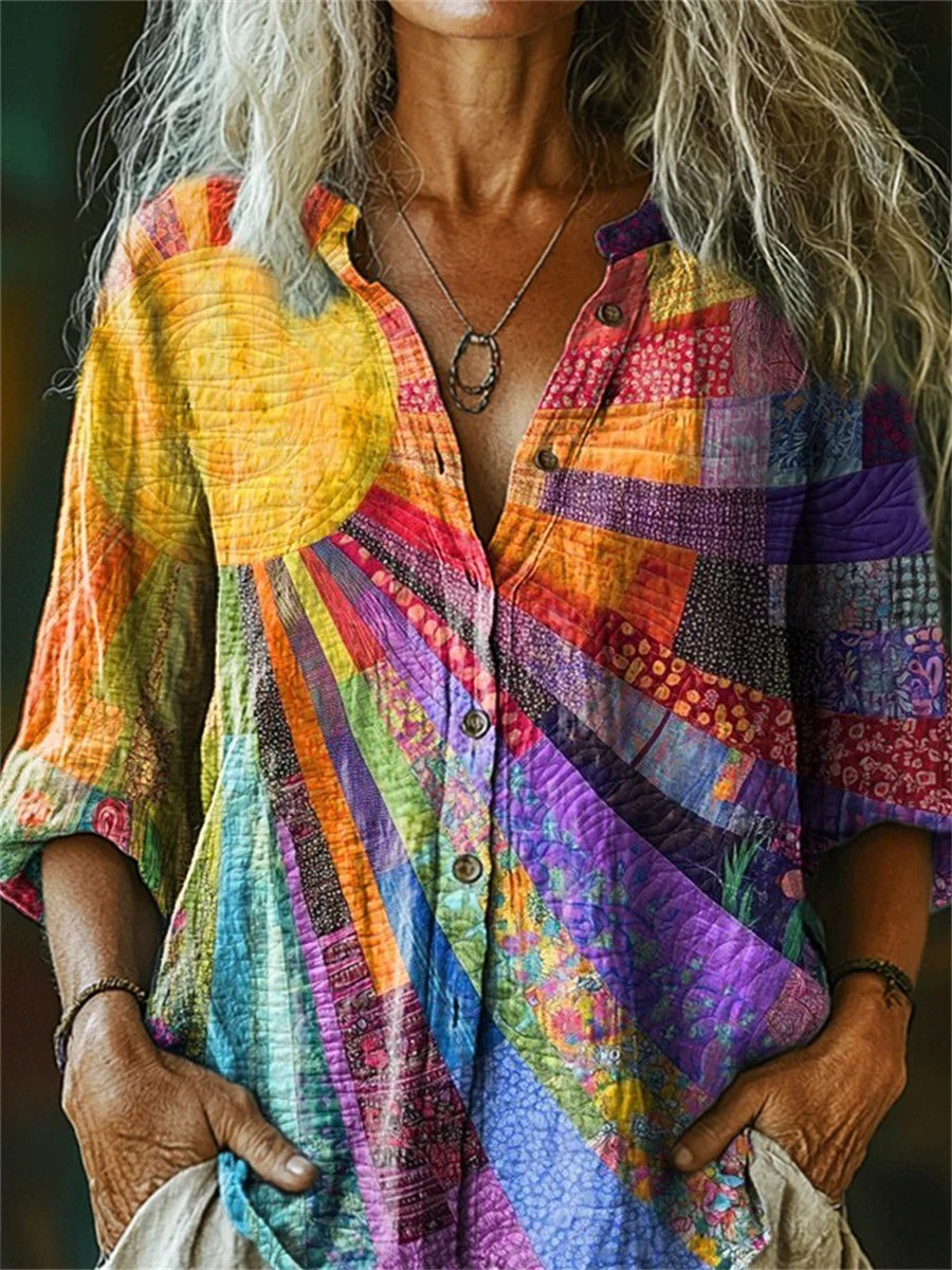 Chemise décontractée à manches longues et col montant à motif soleil