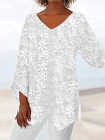 Elegant White Floral Lace V Neck Long Sleeve Blouse