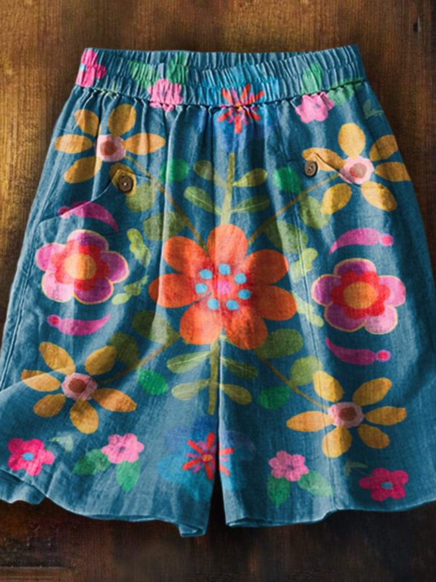 Short décontracté à poches pour femme, imprimé floral bohème