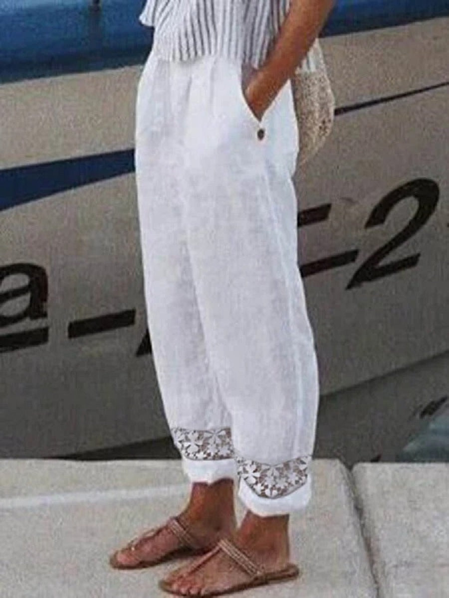 Pantalon blanc décontracté en dentelle unie avec poches