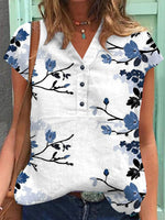 Floral Print V-neck Short Sleeve White Blouse