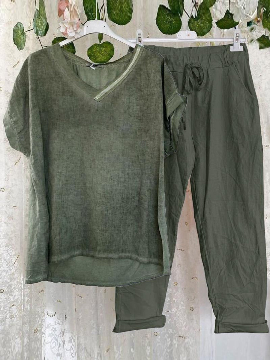 Lässige zweiteilige Sets mit V-Ausschnitt, einfarbig und kurzärmelig