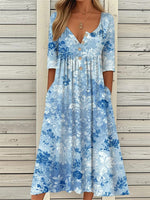 Floral Print Half Sleeve Pockets Loose Maxi Dress