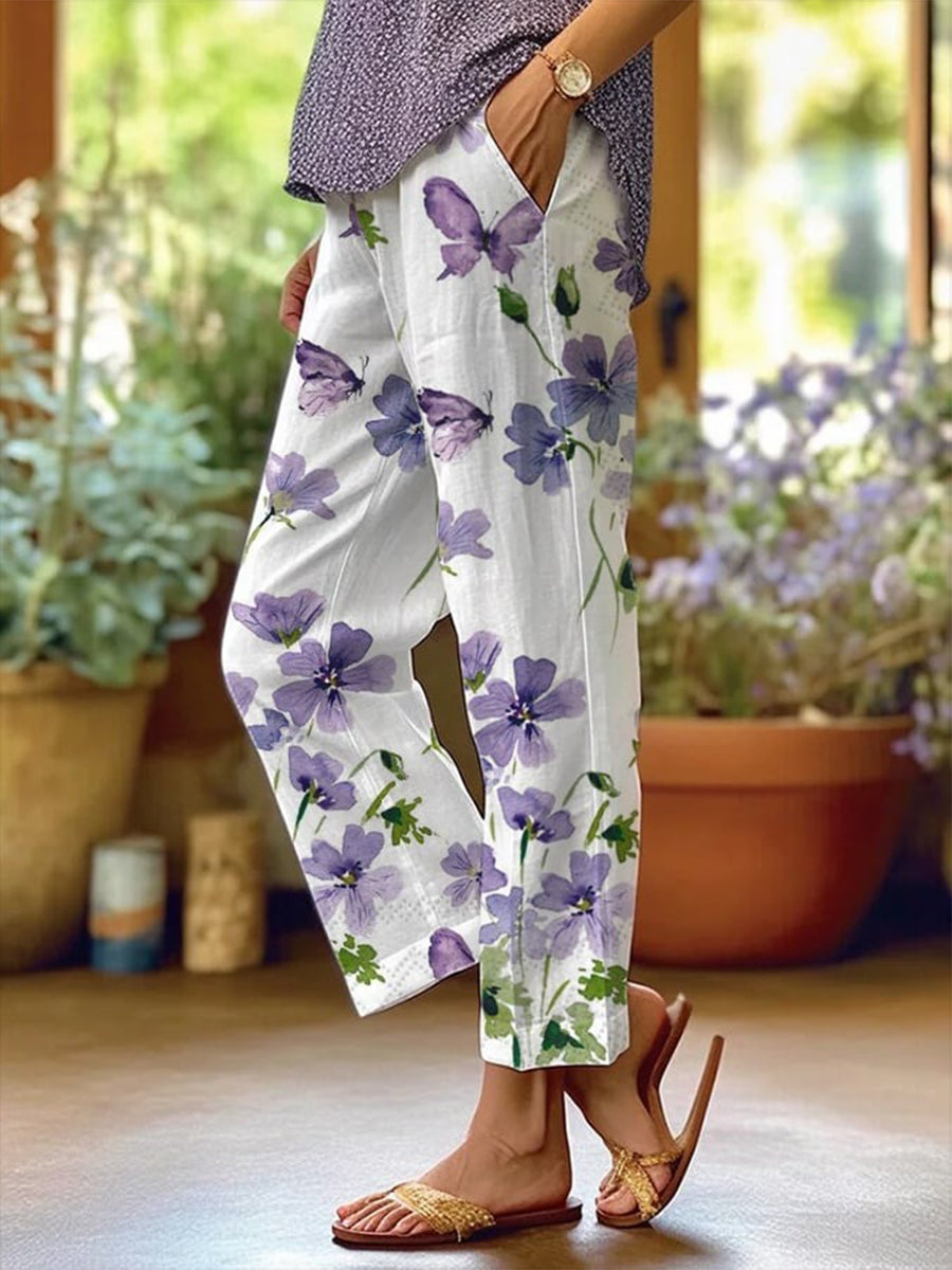 Pantalon décontracté à poches et imprimé papillons et fleurs rétro