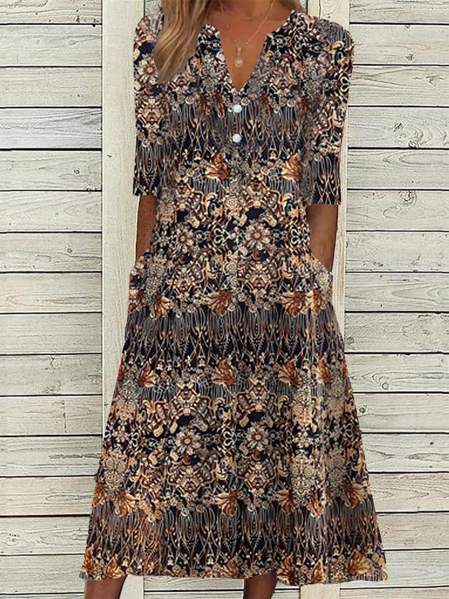 Robe midi boutonnée sur le devant, à manches courtes, imprimé floral vintage et poches, pour femme