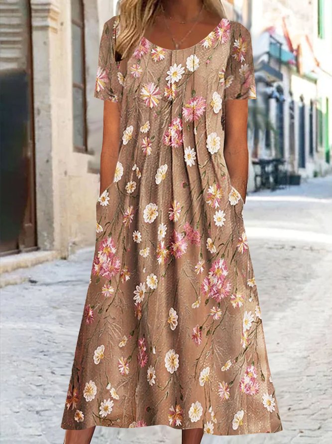 Light Brown Casual Round Neck Floral Printed Short Sleeve Dress
