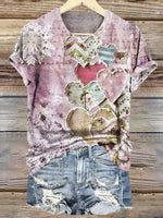 Heart Print Casual Round Neck Short Sleeve T-Shirt