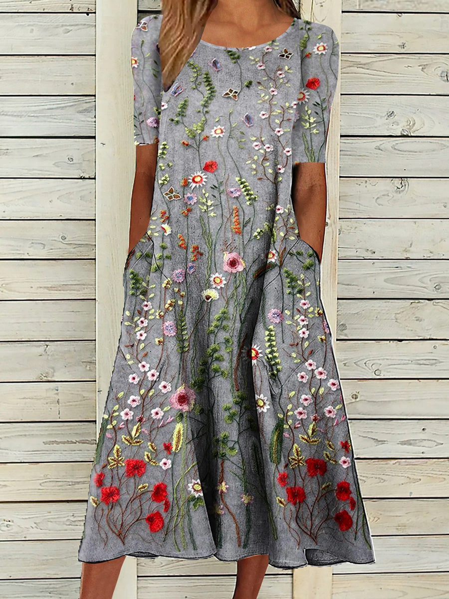 Loose Casual Floral Embroidery Printing Crew Neck Dress