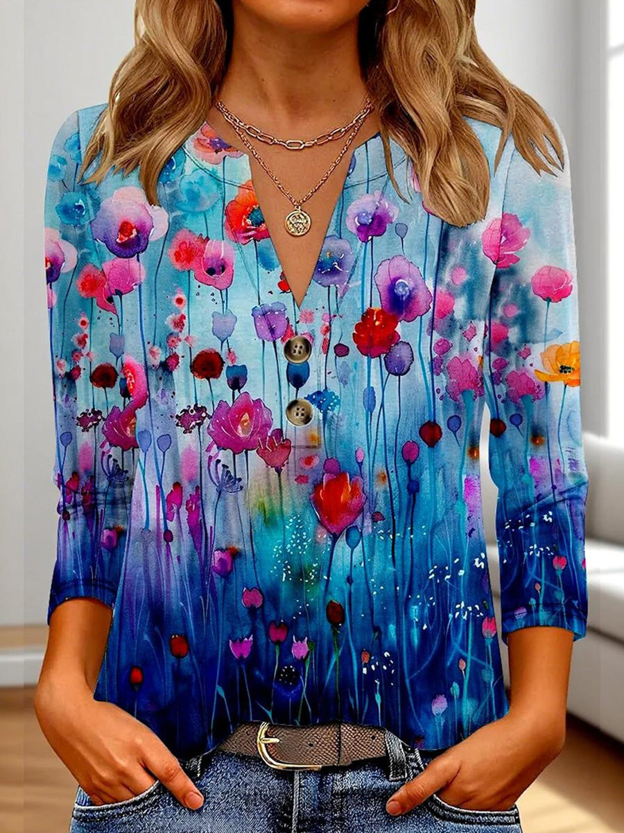 Elegant Blue Floral Print Long Sleeve Top