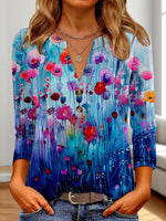 Elegant Blue Floral Print Long Sleeve Top