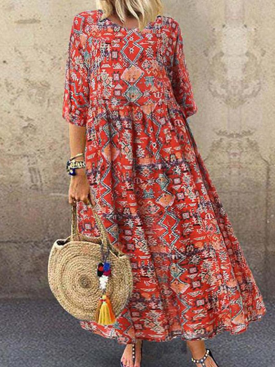 Orange Casual Round Neck Printed Half Sleeve Dress