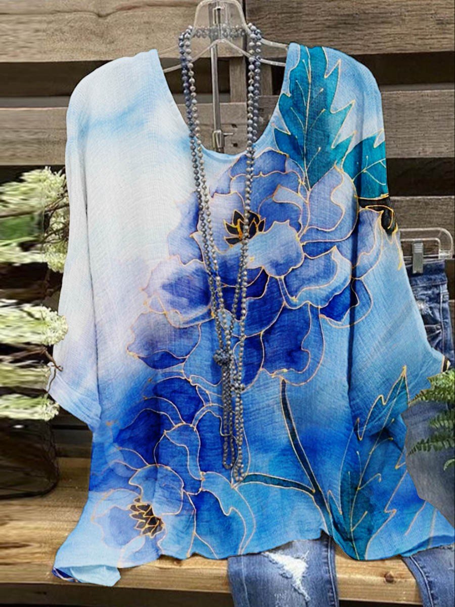 Chemisier bleu décontracté à col rond et manches longues imprimé floral, col rond