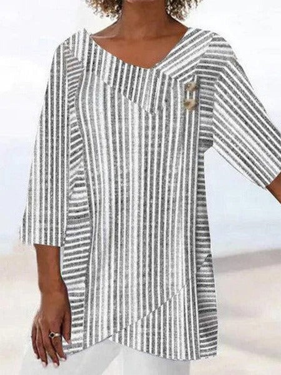 Chemisier blanc à rayures, col asymétrique et manches 3/4