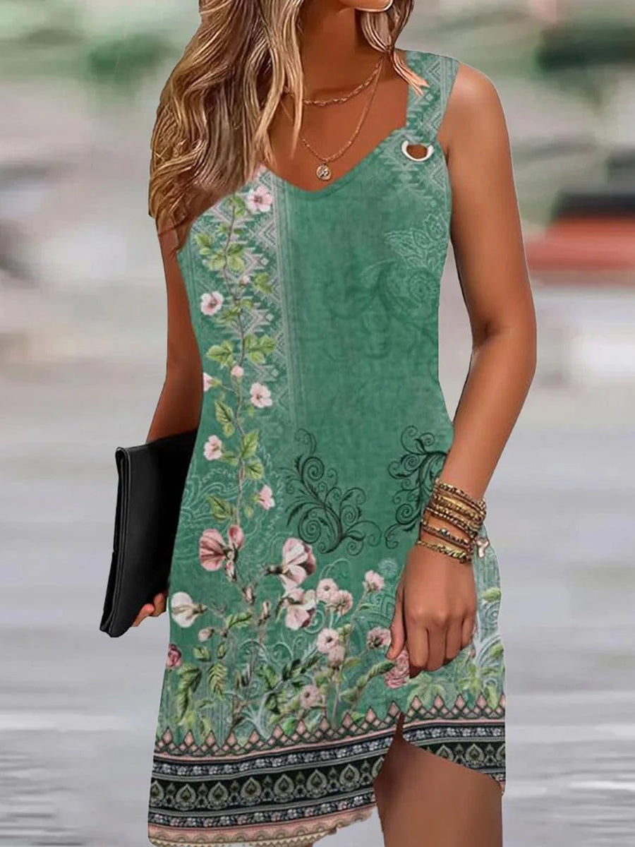 Robe mini à bretelles imprimée florale verte unique