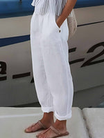 Women’s White Cotton Elastic Waist Pants with Pockets