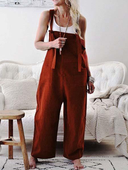 Retro-lässiger Jumpsuit aus Baumwoll-Leinen-Mischgewebe mit weitem Bein