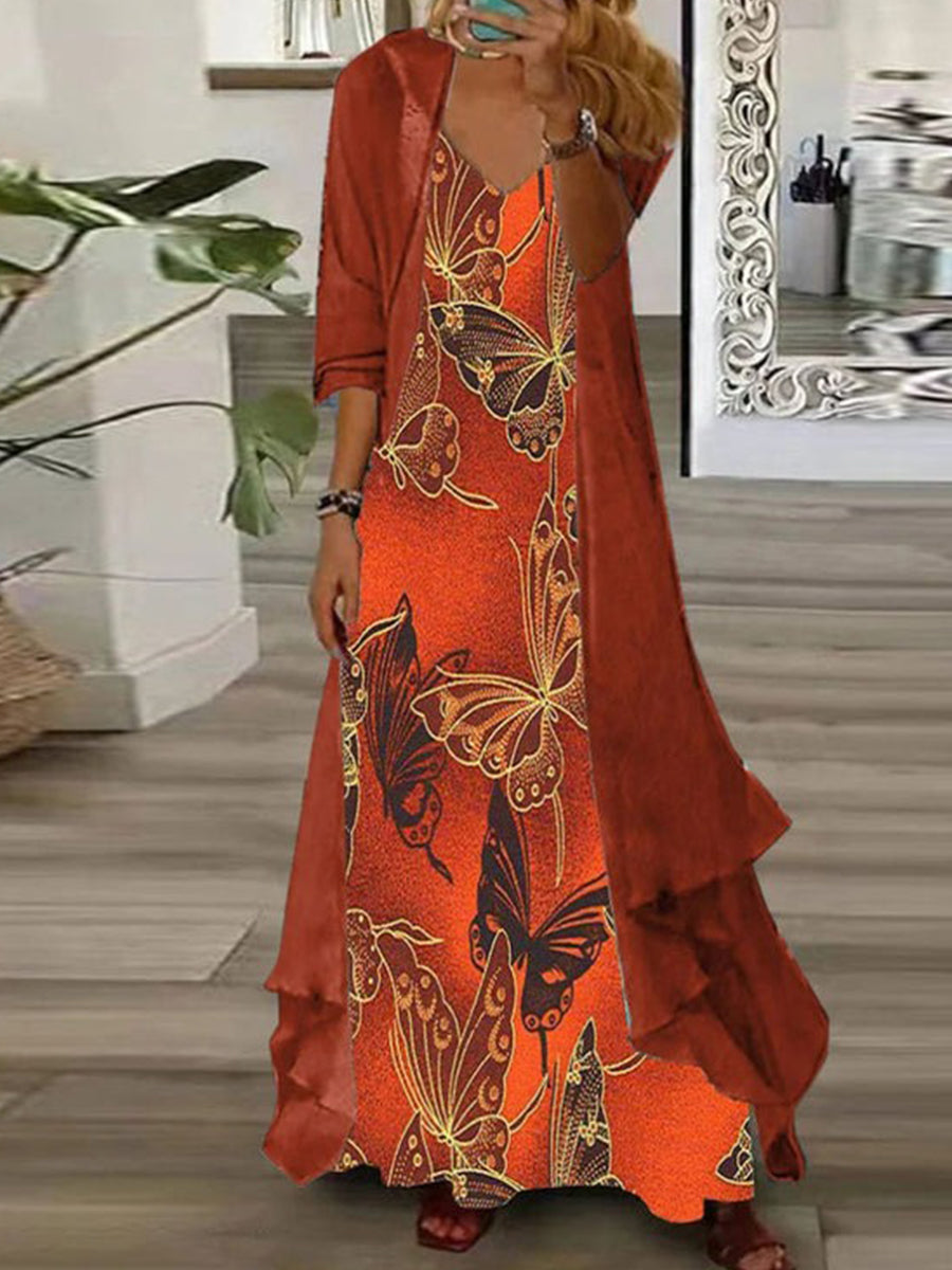 Orange Print Maxi Dress With Outerwear