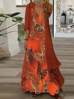 Orange Print Maxi Dress With Outerwear